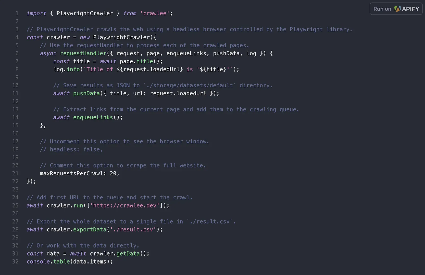 Crawlee code example in Javascript