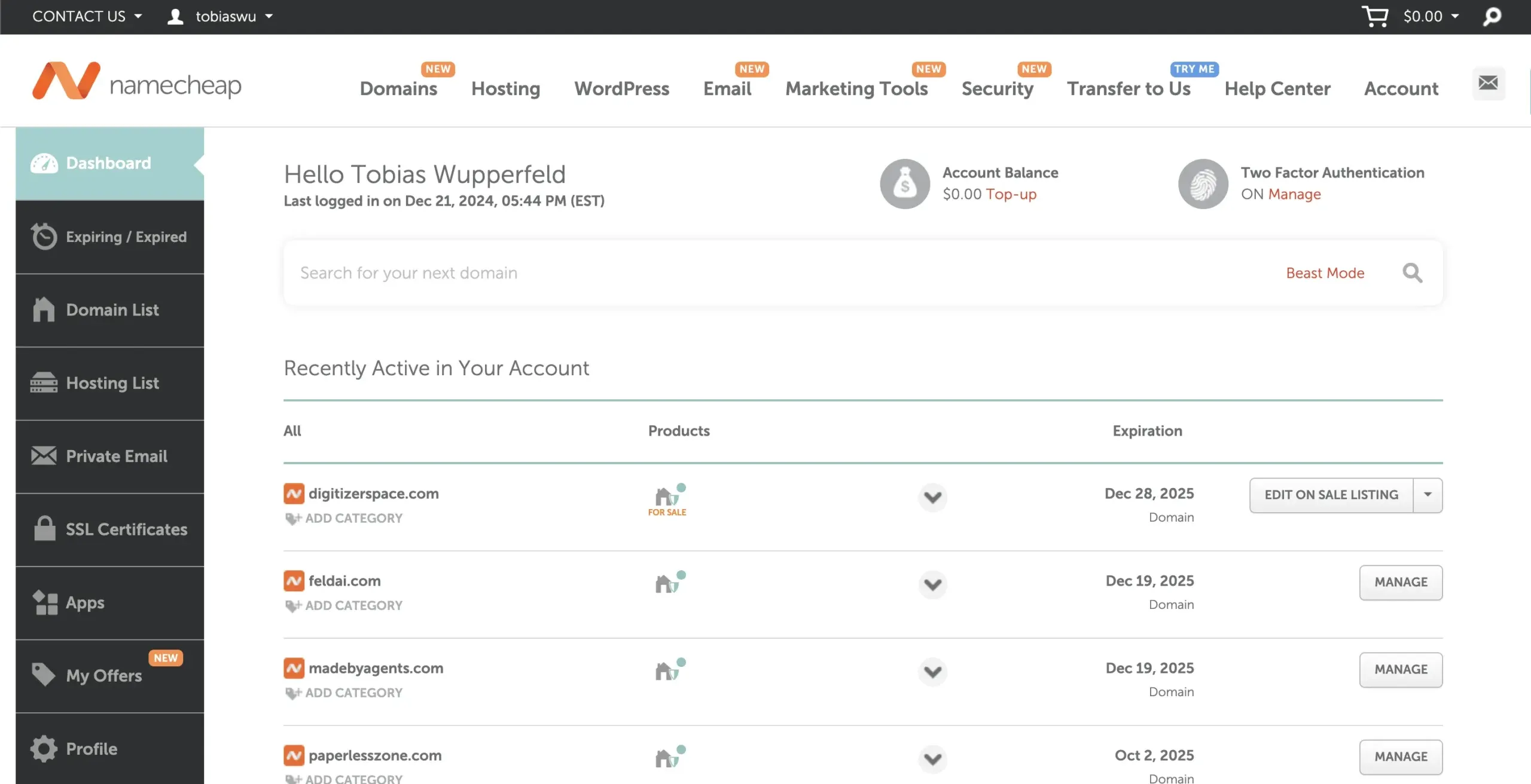 namecheap dashboard with domain overview
