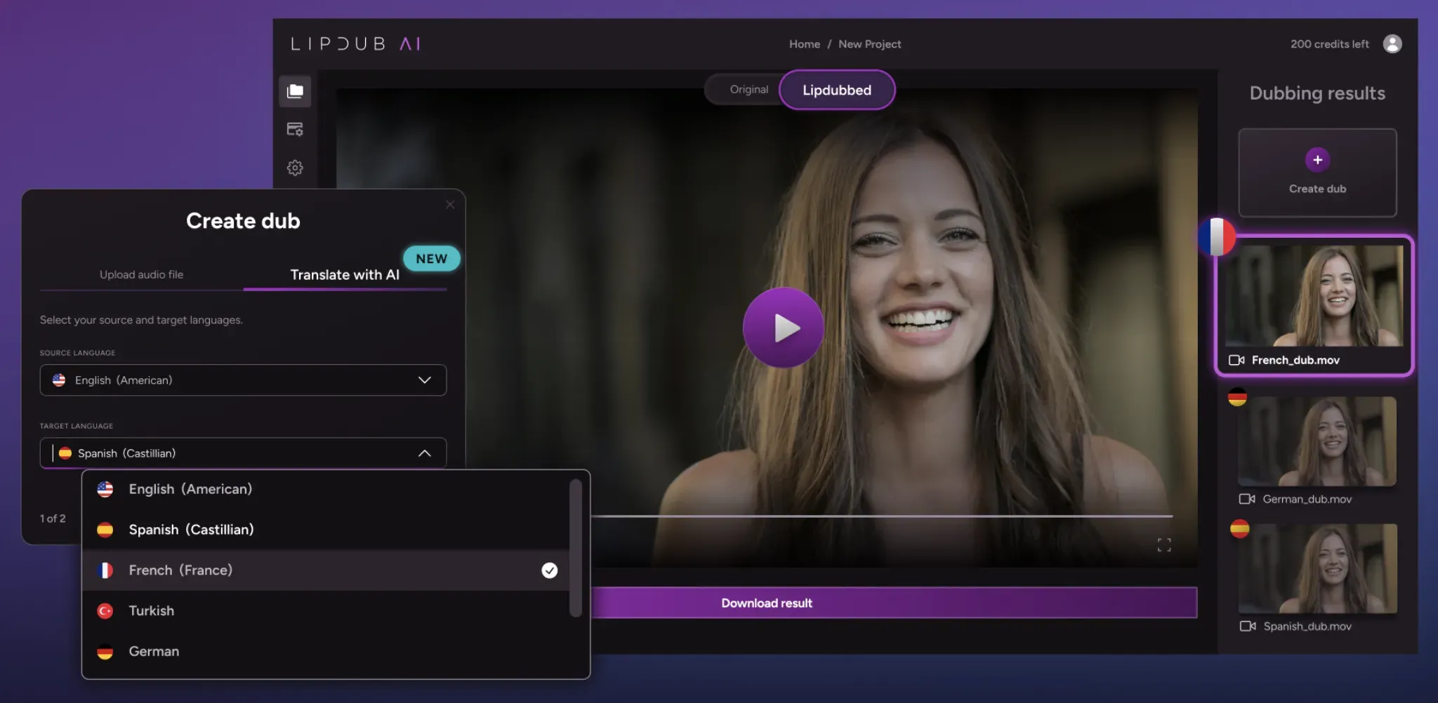 lipdub ai workflow and interface