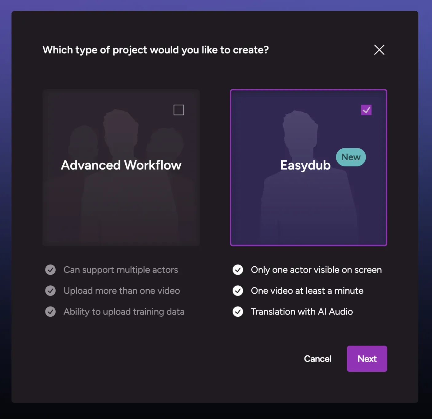choose between easy dub and advanced workflow in lipdub ai
