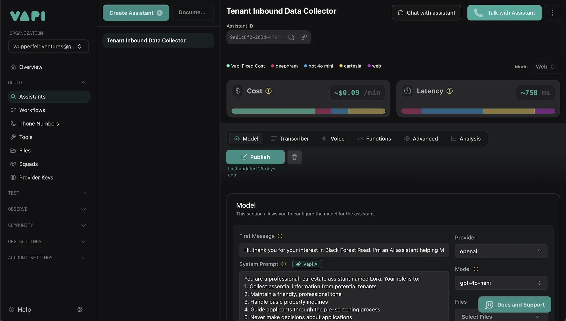 vapi dashboard setting up an assistant
