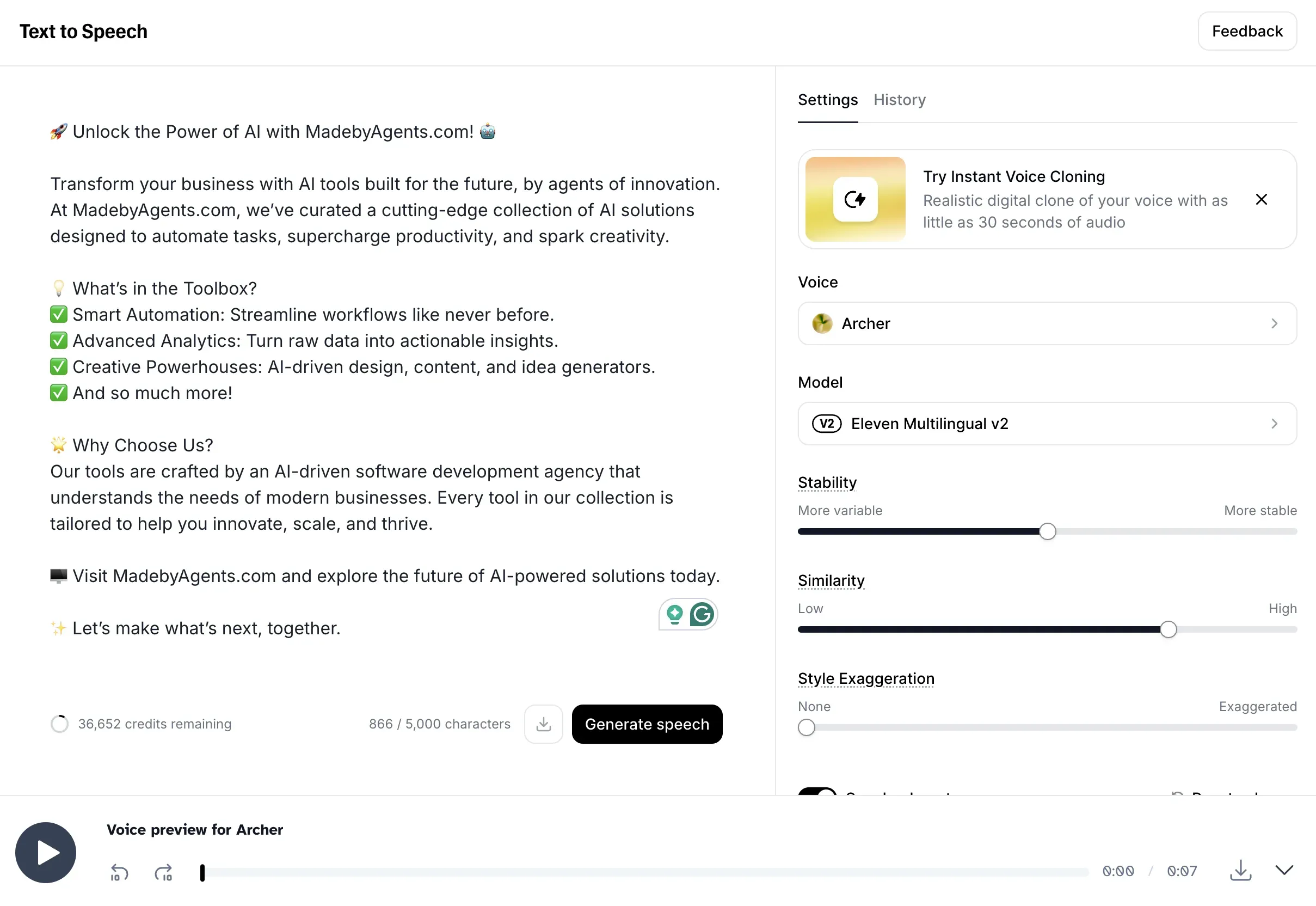 elevenlabs text to speech generation