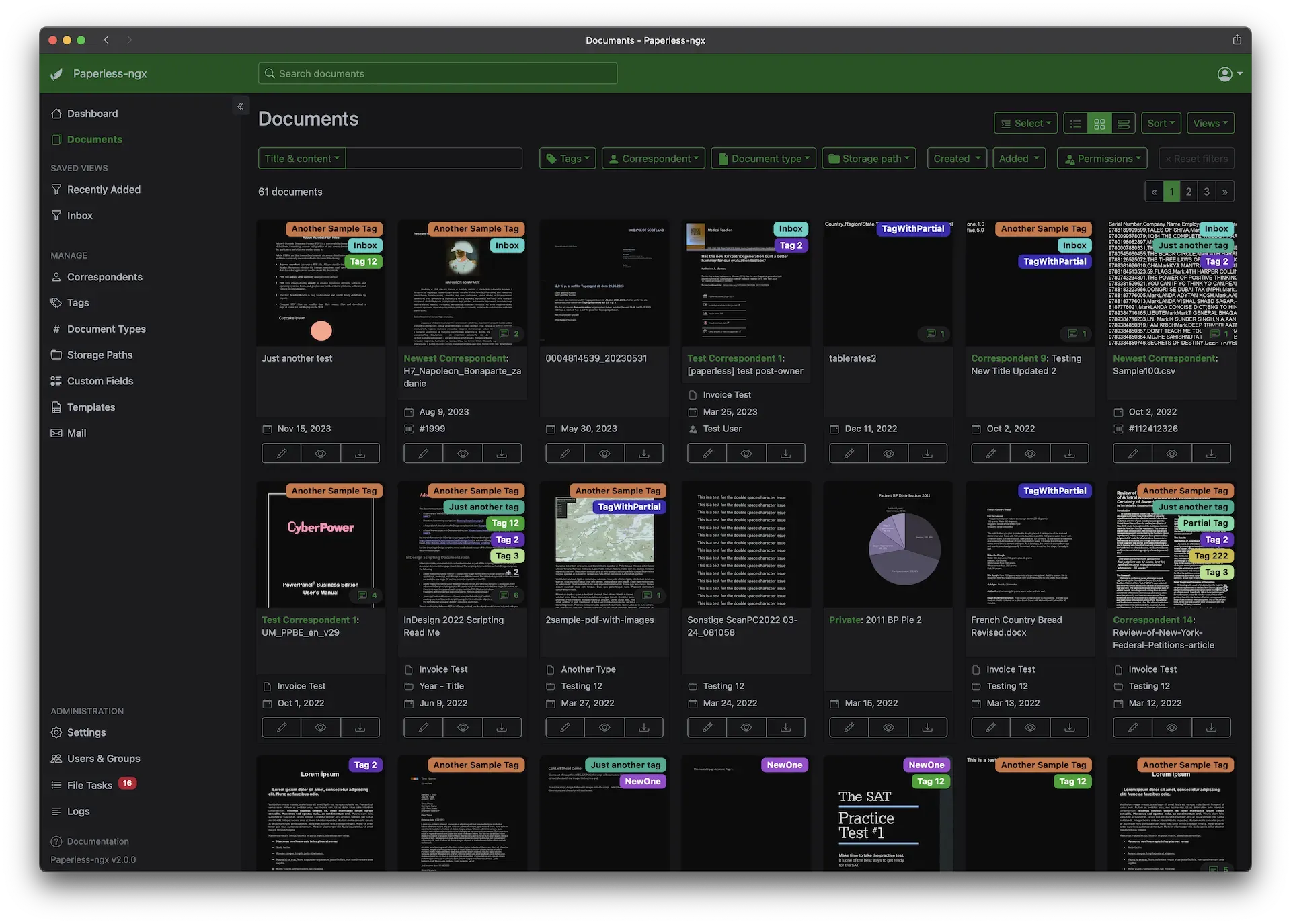 paperless-ngx document dashboard view in dark mode
