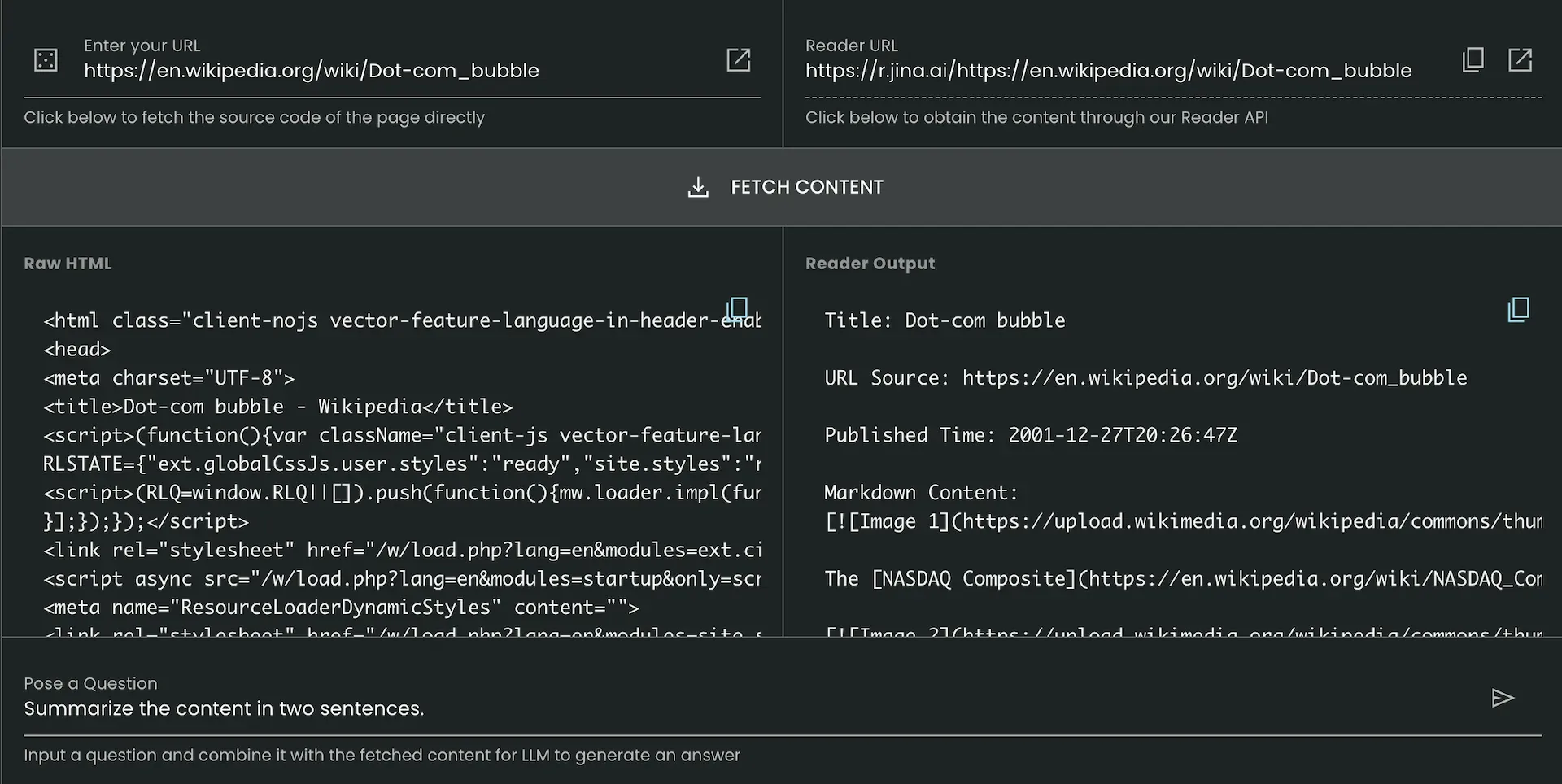 jina.ai reader test on wikipedia