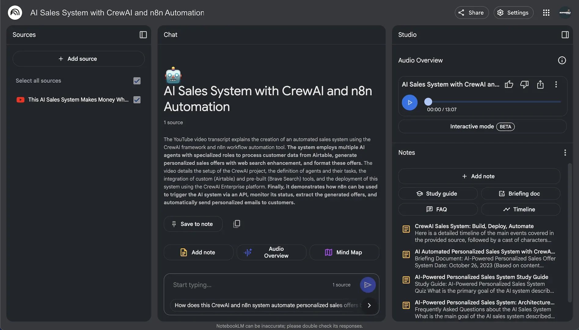 notebooklm interface with generated documents and podcast from a youtube source
