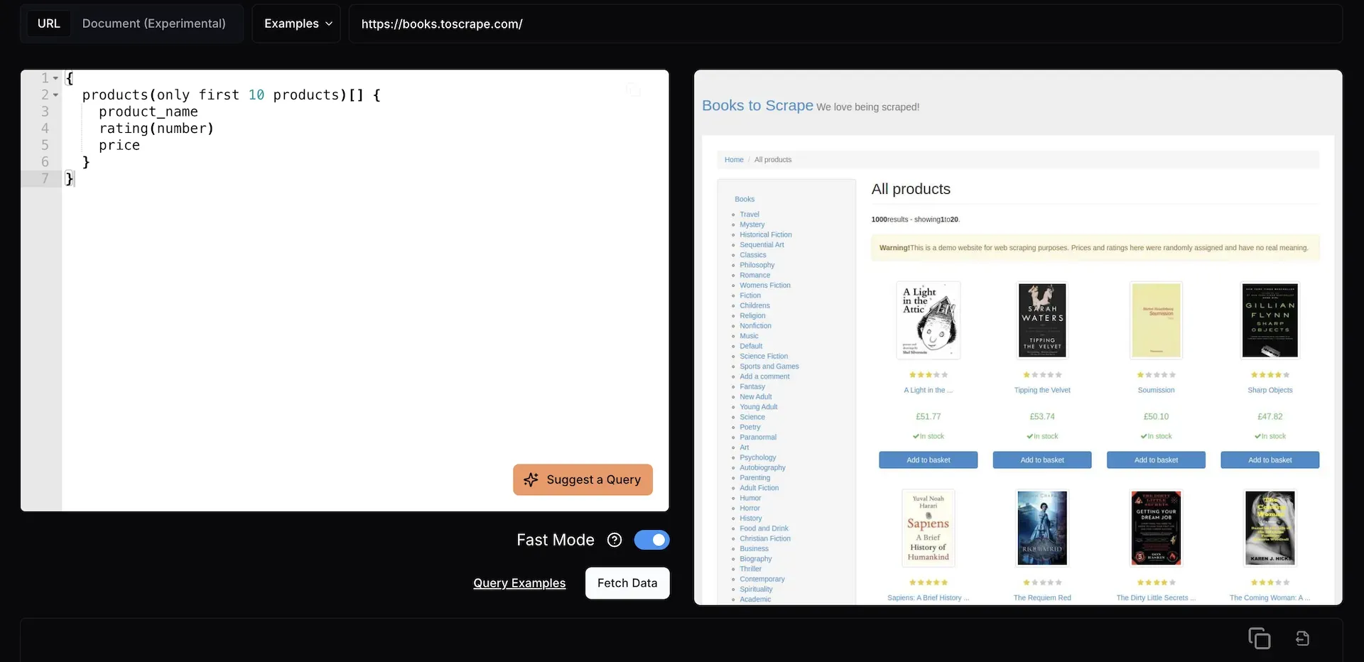 agentql playground scraping book infos from an online bookstore