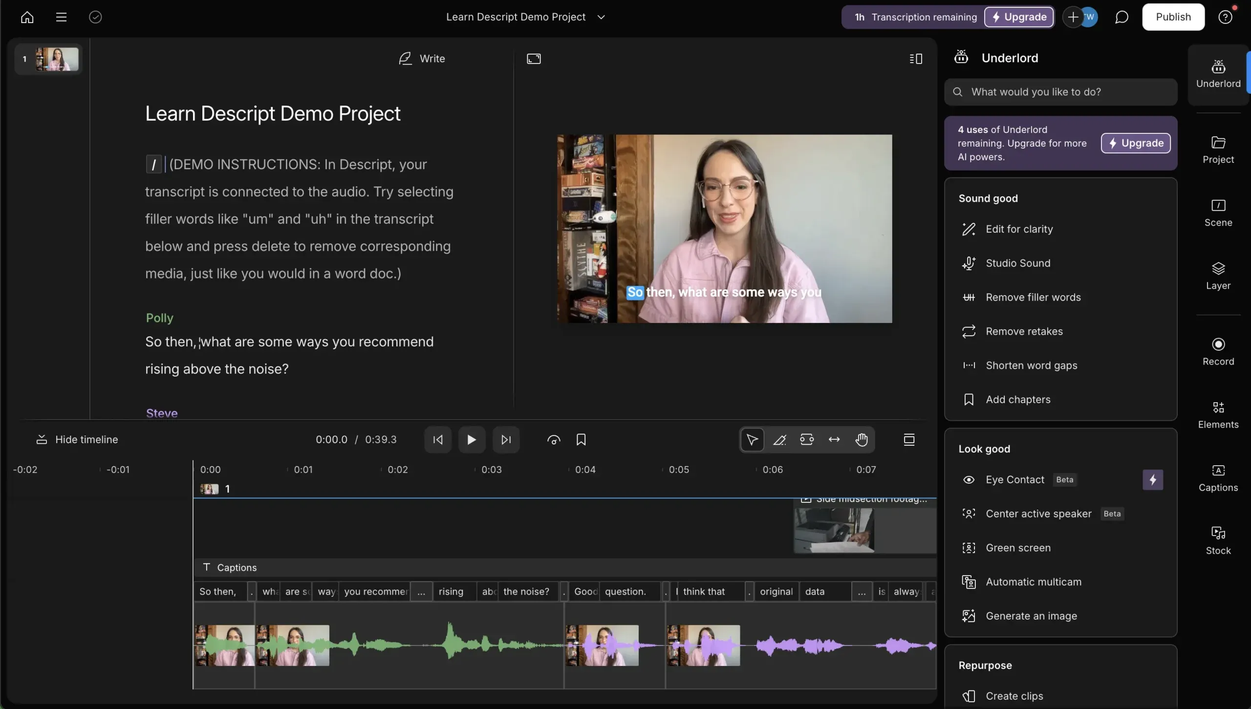 descript editor with its extensive user interface and options
