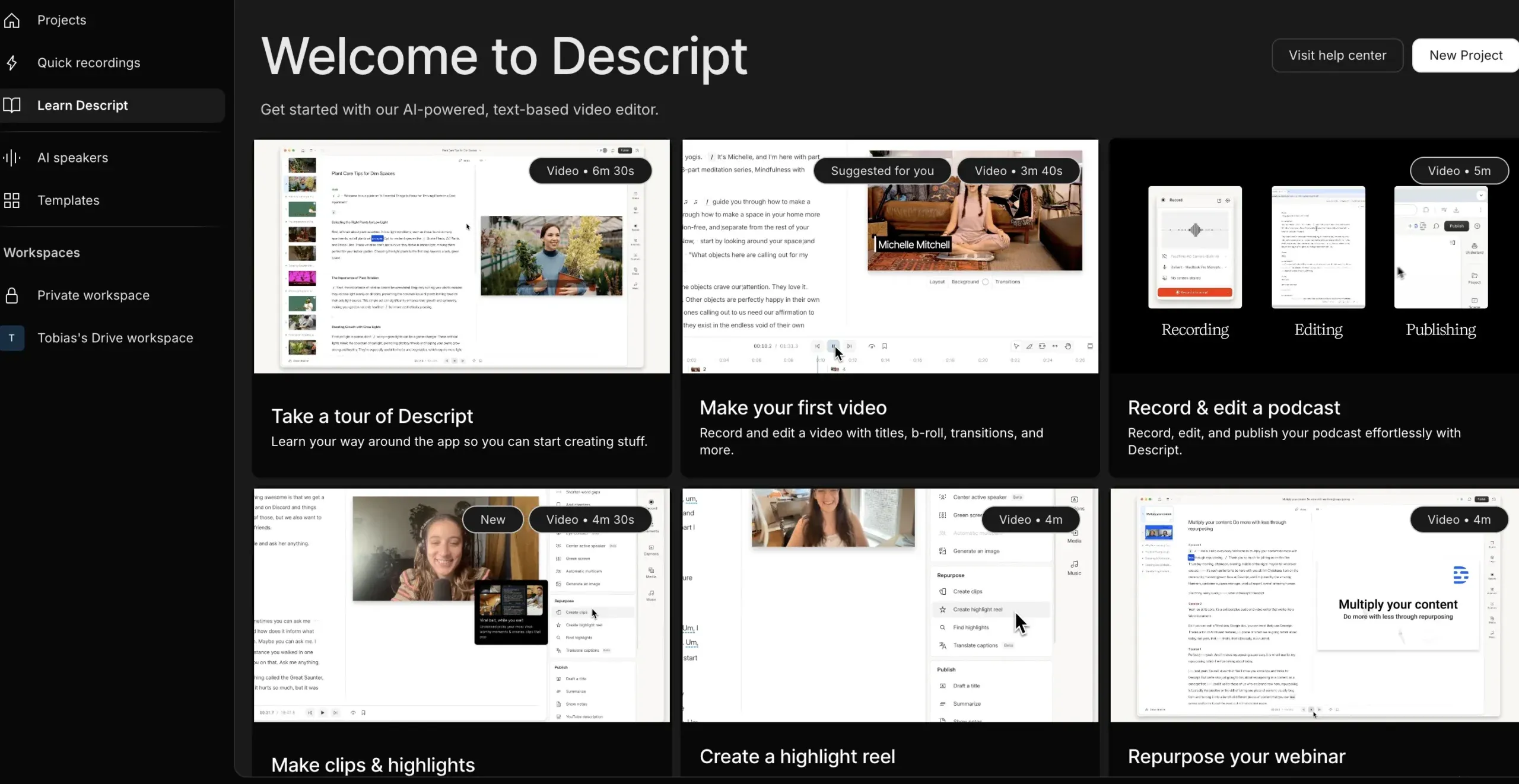 descript account with learning material