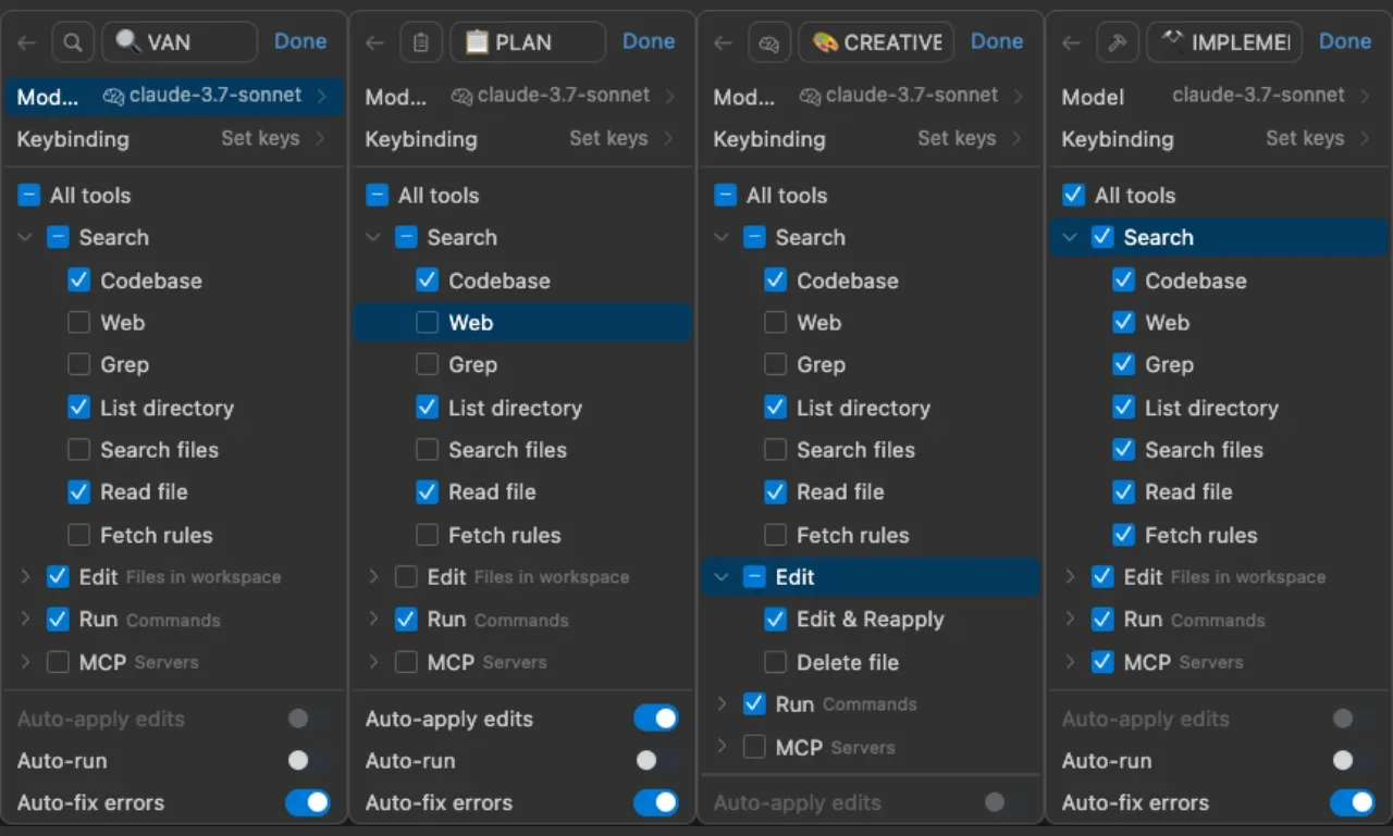 Add cursor custom modes (van, plan, creative, implement)