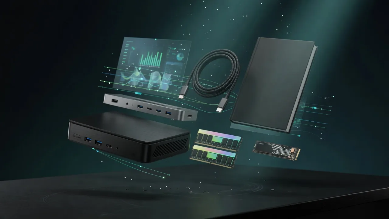 Mini PC, dock, storage, and a reference book for running AI models locally.